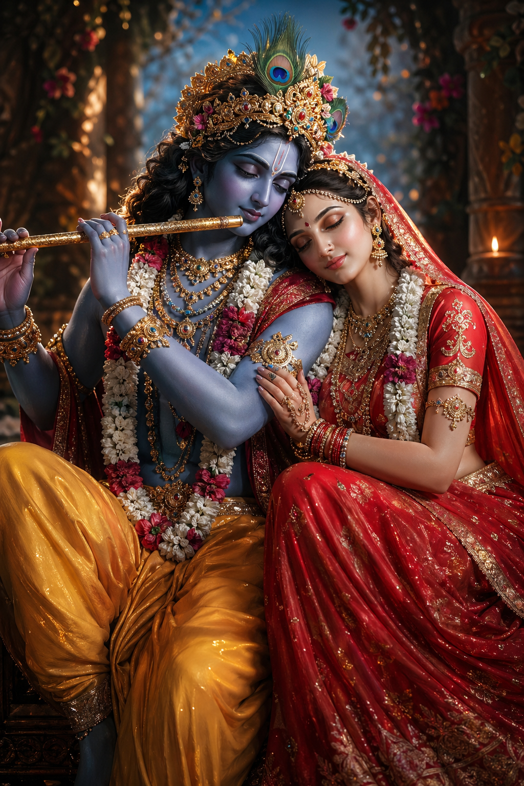 Radha Krishna 3D cinematic render with dramatic rim lighting and photorealistic jewelry details